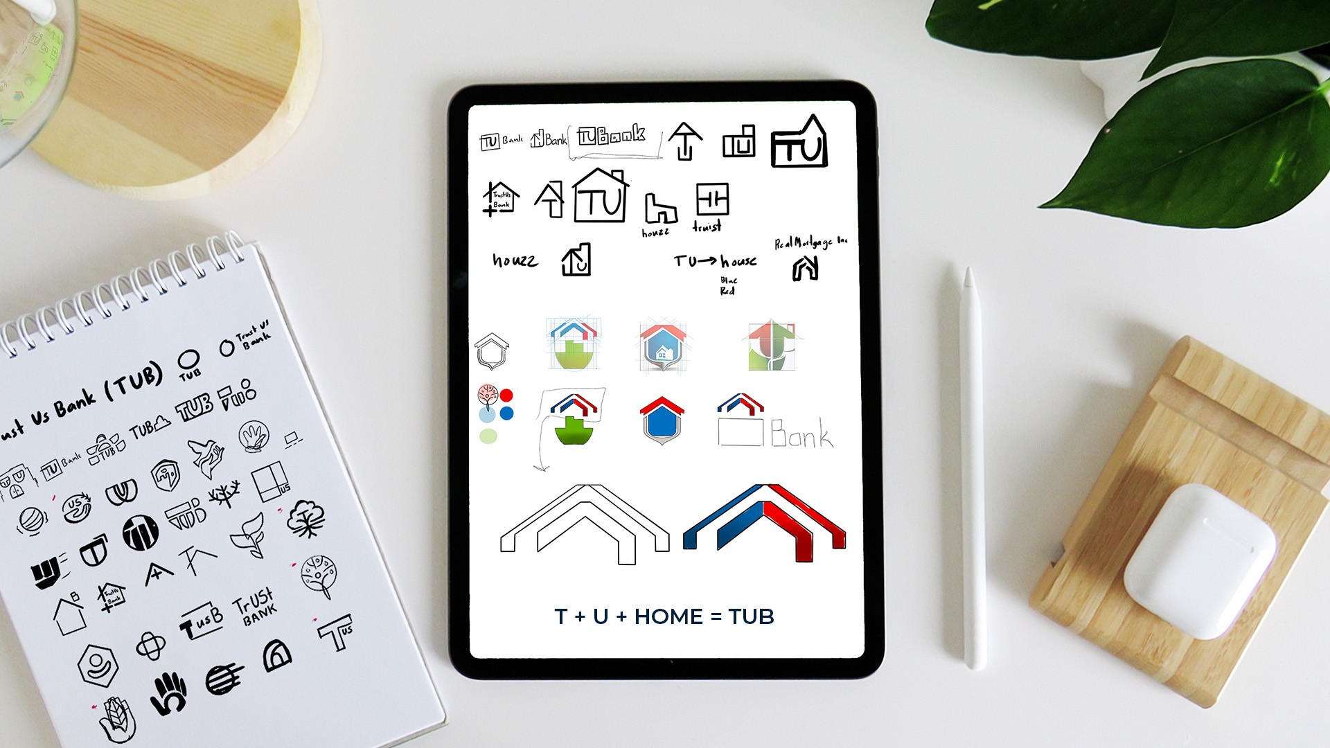 Trust Us Bank logo sketches and geometric mark exploration on paper and tablet.