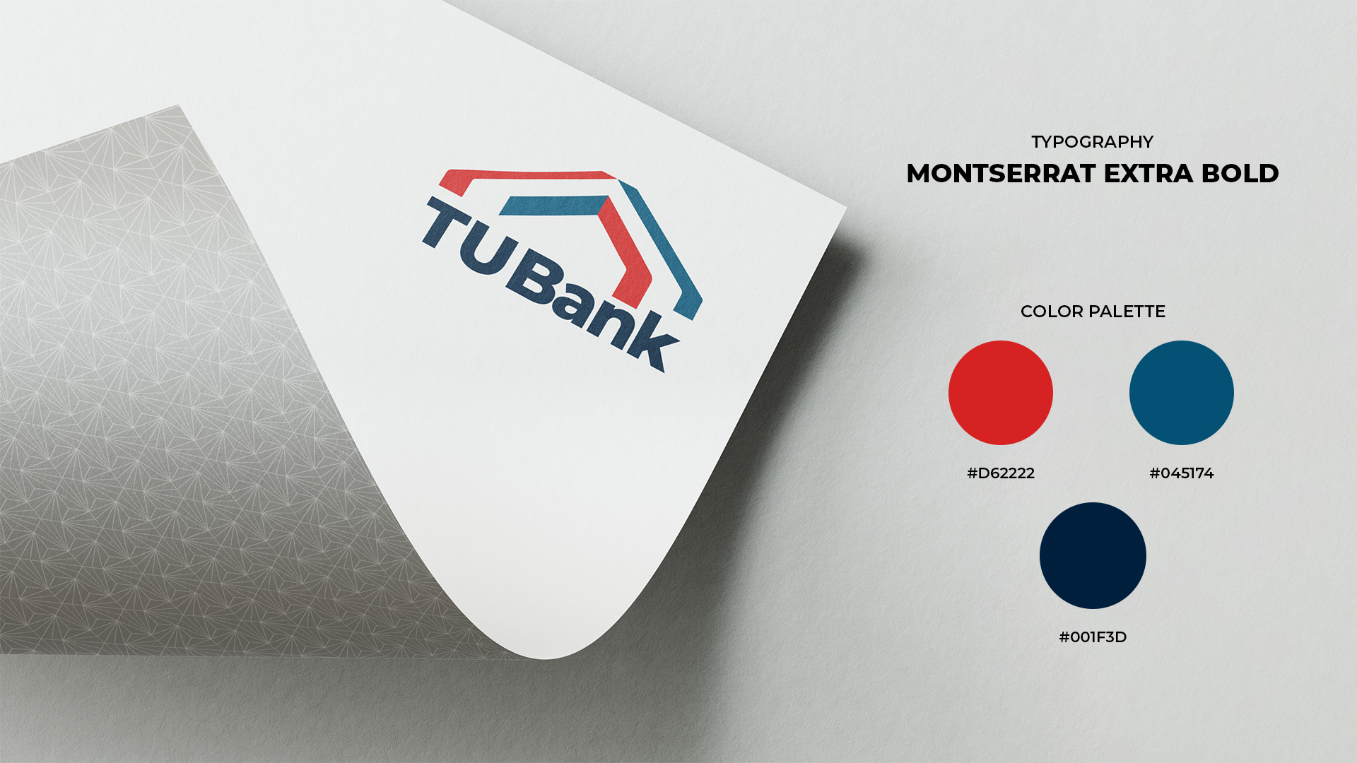 Trust Us Bank visual system showing the logo on a card with red, blue, and navy colors and Montserrat Extra Bold typography.