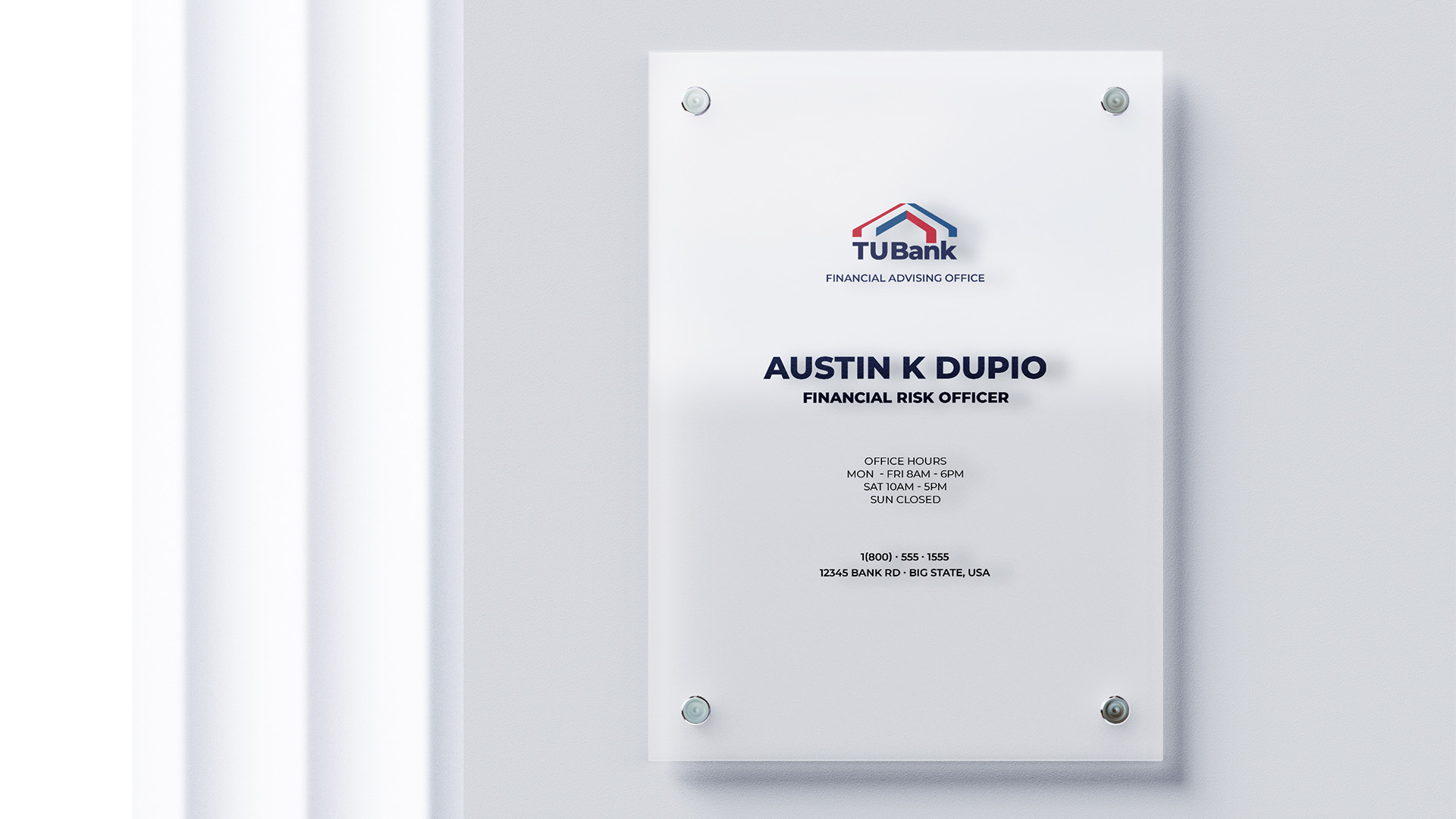 Trust Us Bank scenario-bank concept mockup showing an office plaque with Austin Dupio's name and a sample financial risk officer title for the case study.