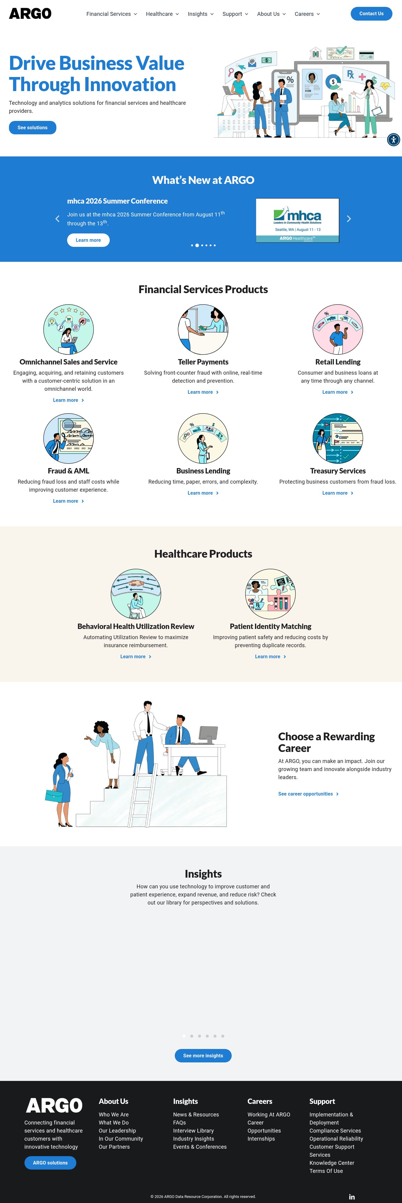 Full-page ARGO homepage showing Austin's custom illustration, product iconography, healthcare imagery, career storytelling, and unified visual hierarchy.