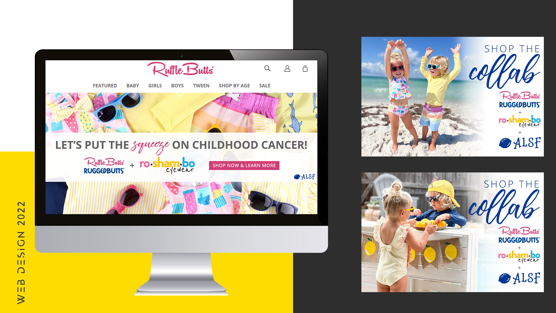 RuffleButts collaboration website presented on desktop with coordinated campaign creative.