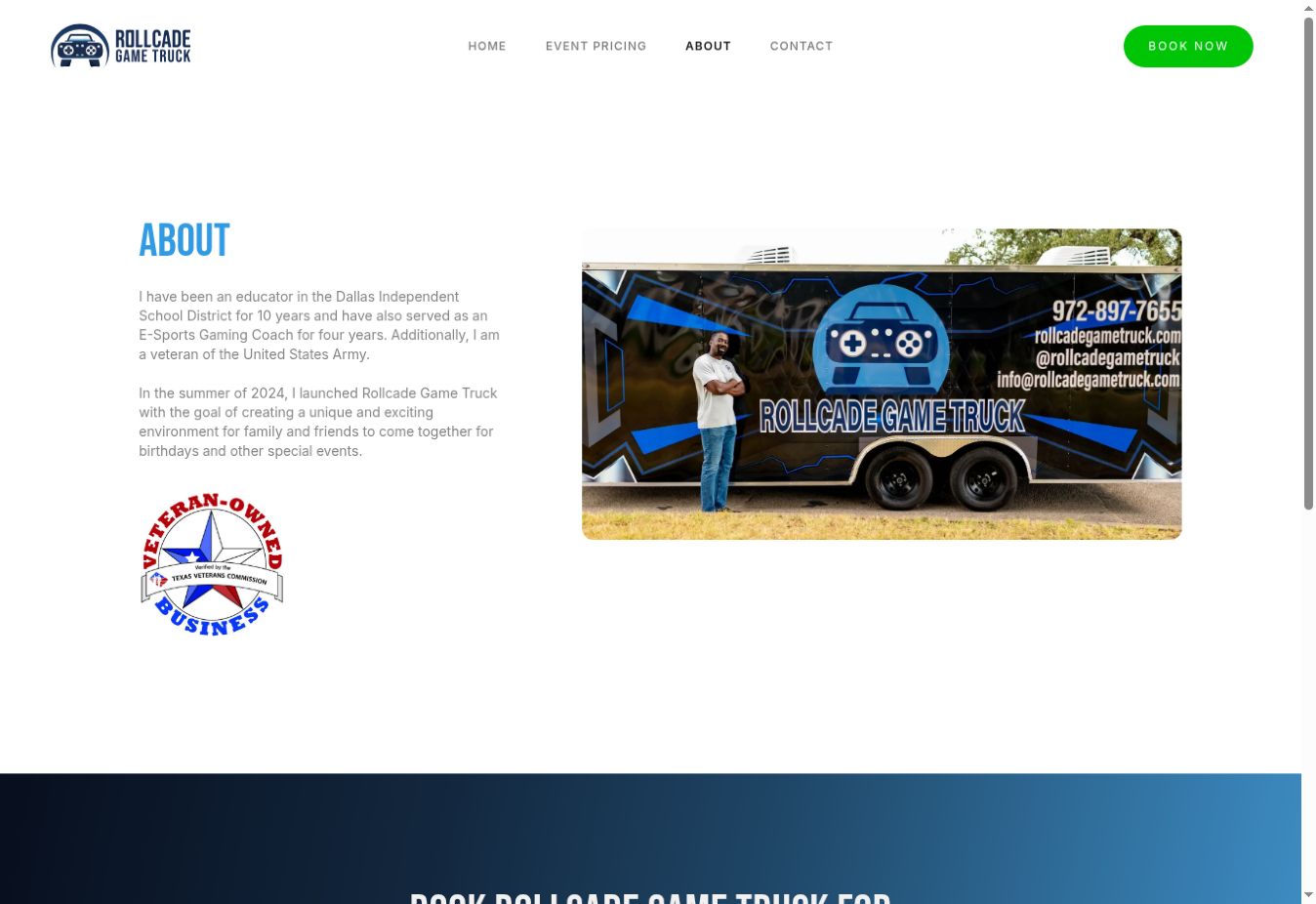 Rollcade About page combining the founder story, veteran-owned credential, and branded game truck photography.