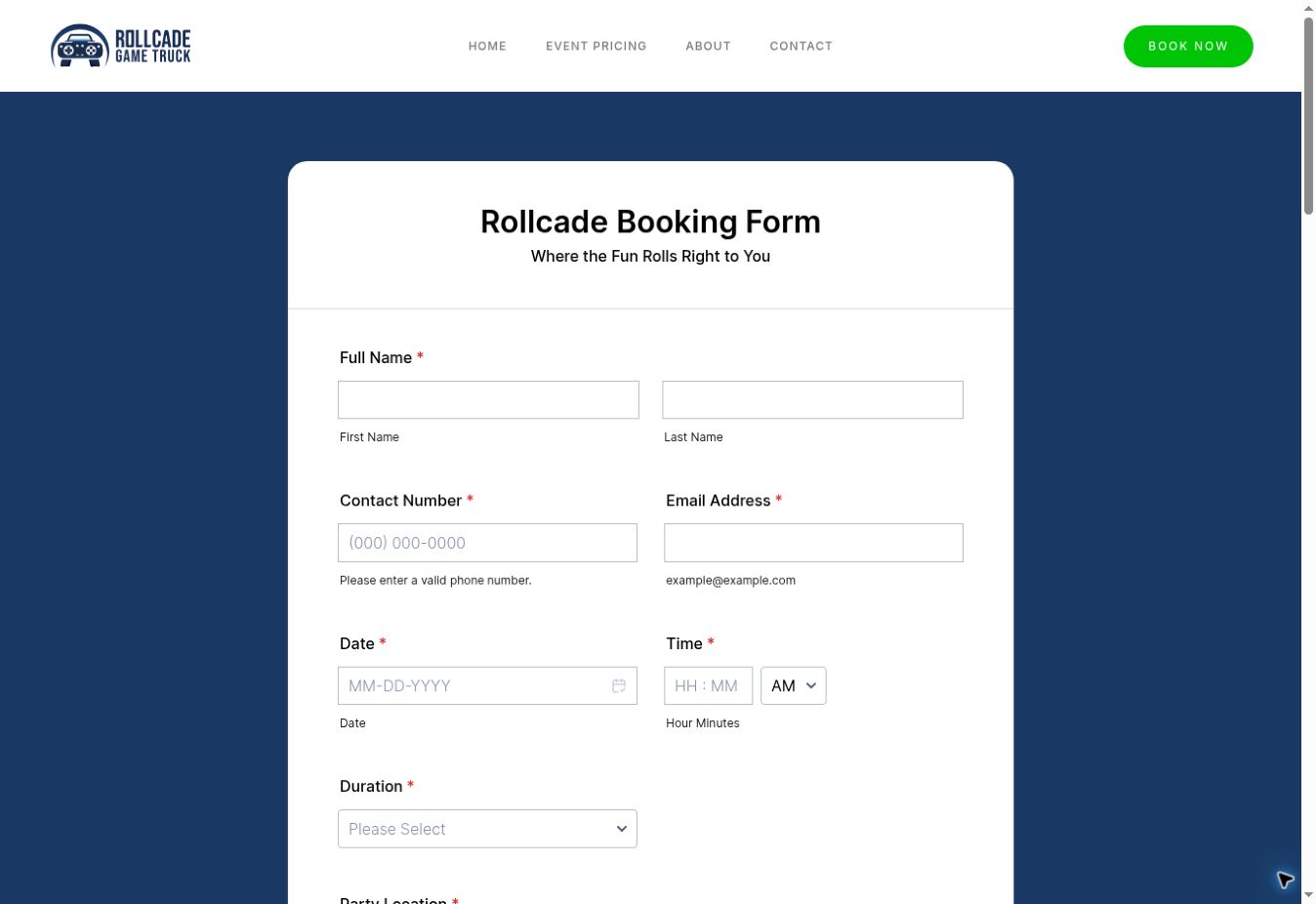 Rollcade booking page with a dedicated event request form embedded in the branded website.
