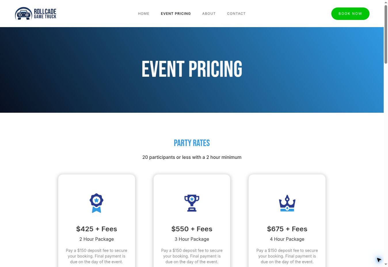 Rollcade event-pricing page showing a clear hierarchy across three party packages.